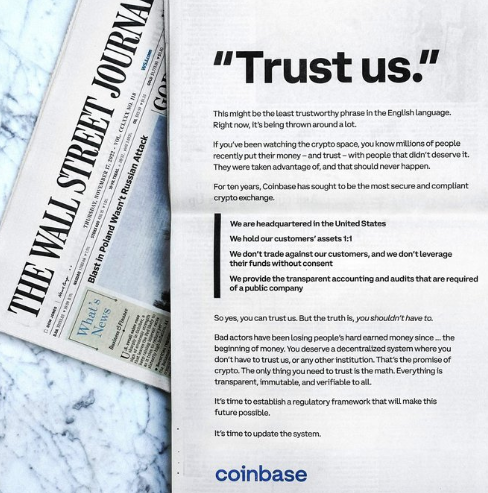 Coinbase在华尔街日报刊登题为“相信我们”的整幅版面广告