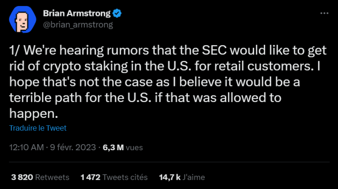 Coinbase 首席执行官 Brian Armstrong 不想放弃威胁美国加密货币股权的 SEC